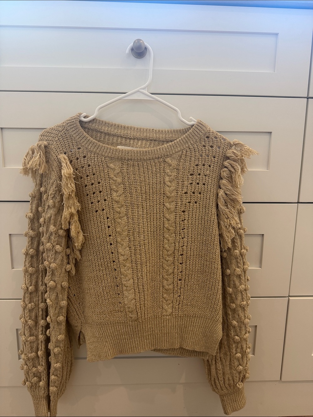 Cleobella Tan Fringe & Bobble Cable Knit Crewneck Sweater